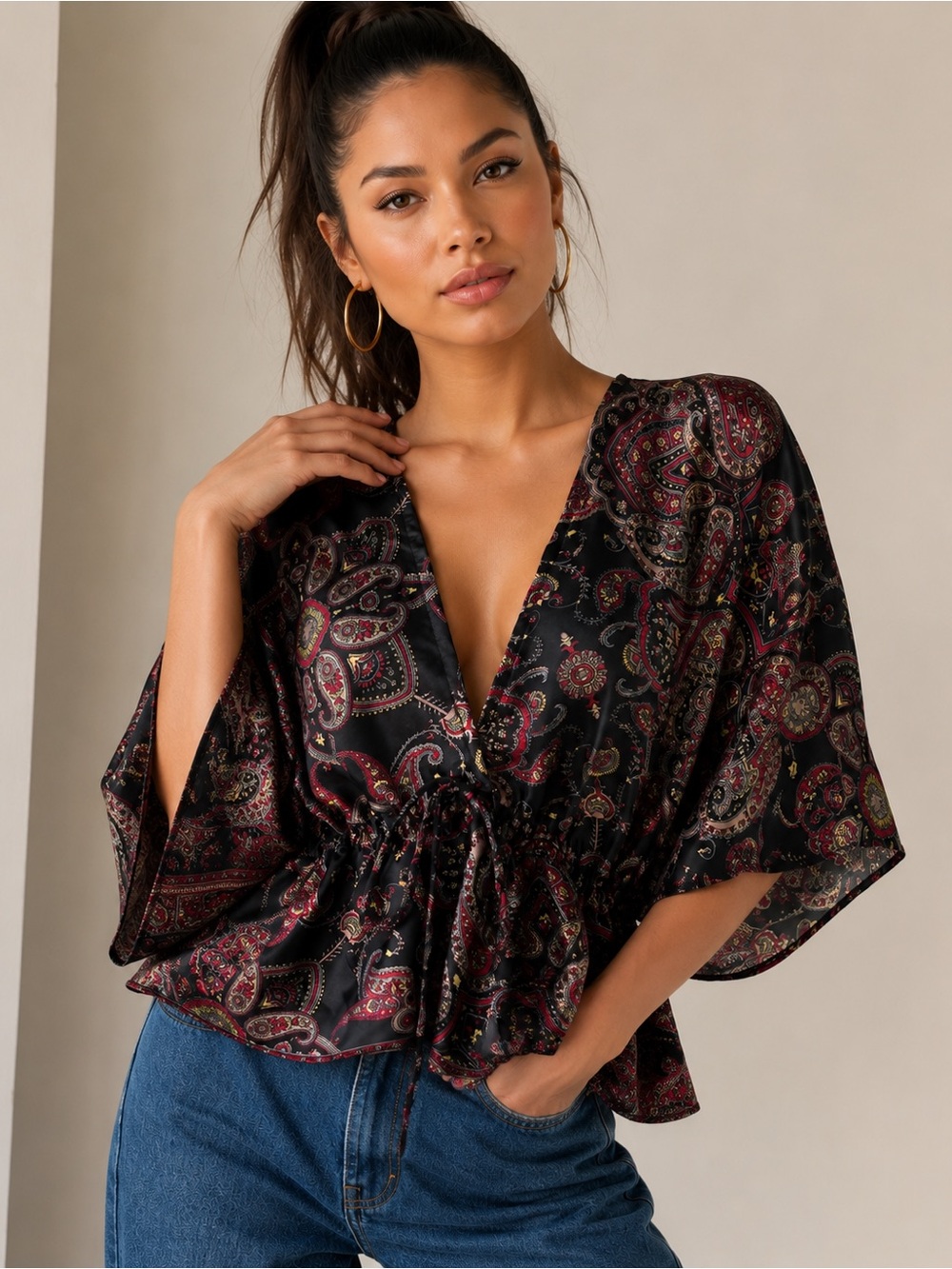 Pinky Black Paisley V-Neck Drawstring Blouse with Burgundy Accents